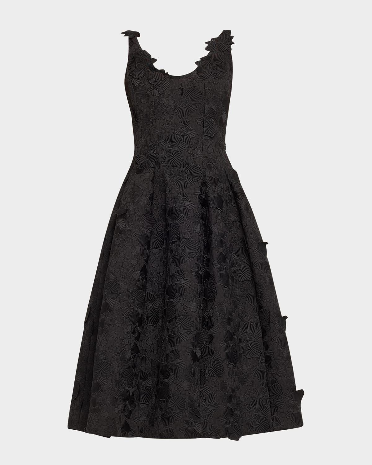OSCAR DE LA RENTA Orchid-embroidered Guipure Midi Dress In Black Product Image