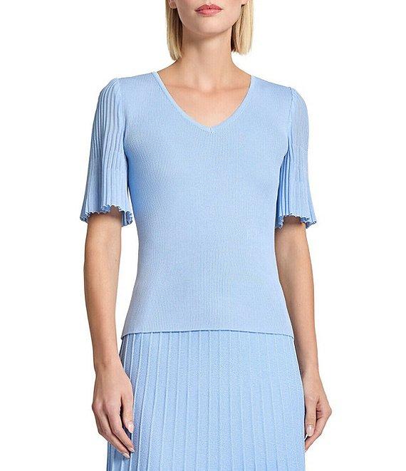 MISOOK Ribbed Knit V-Neck Short Flutter Sleeve Tunic Product Image