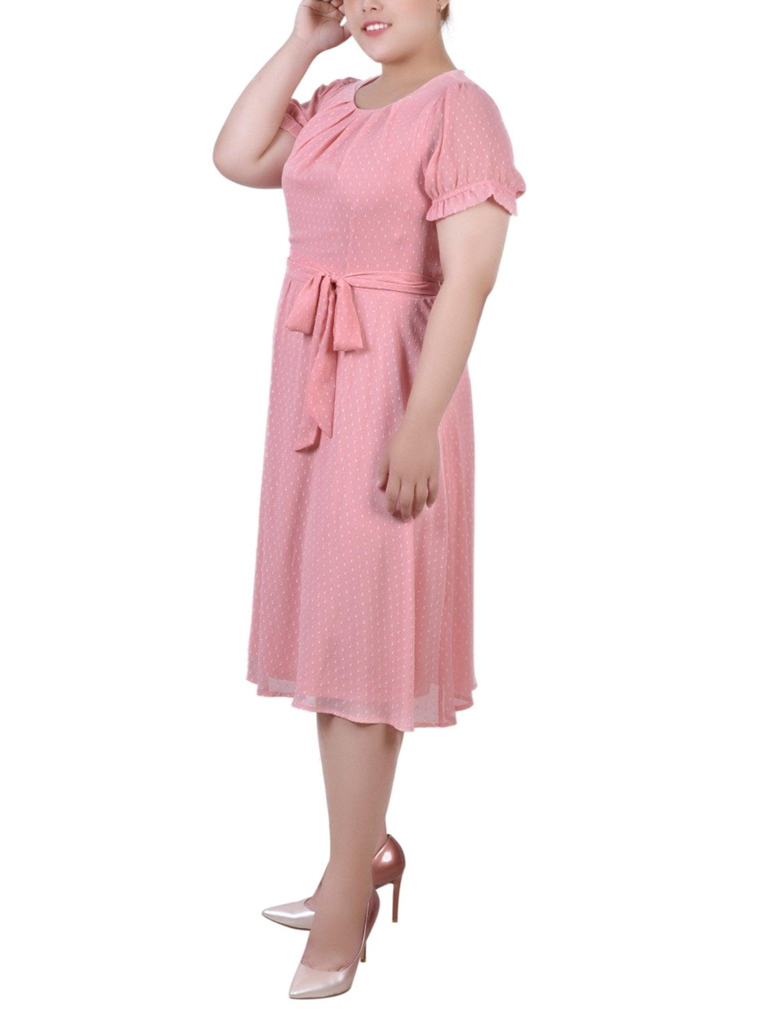 Mellow Rose Rectangle Short Sleeve Belted Swiss Dot Dress - Plus Product Image