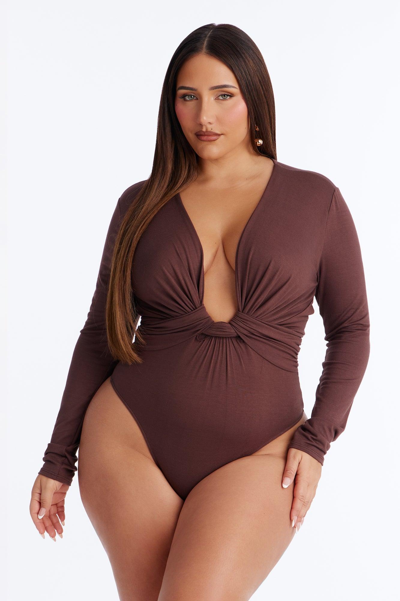Sweet Oasis Deep V-Neck Long Sleeve Bodysuit - Brown Female Product Image