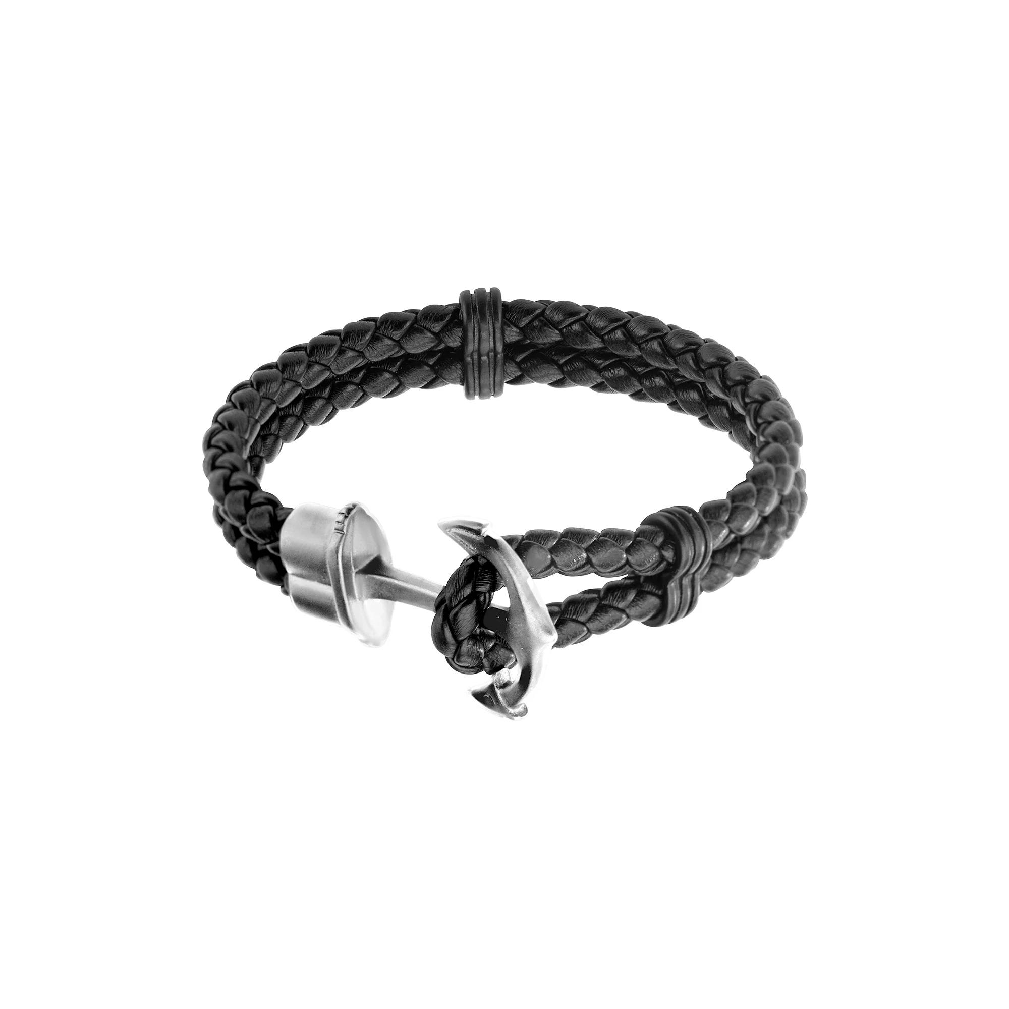 Mens Braided Leather & Stainless Steel Anchor Bracelet Silvertone Product Image