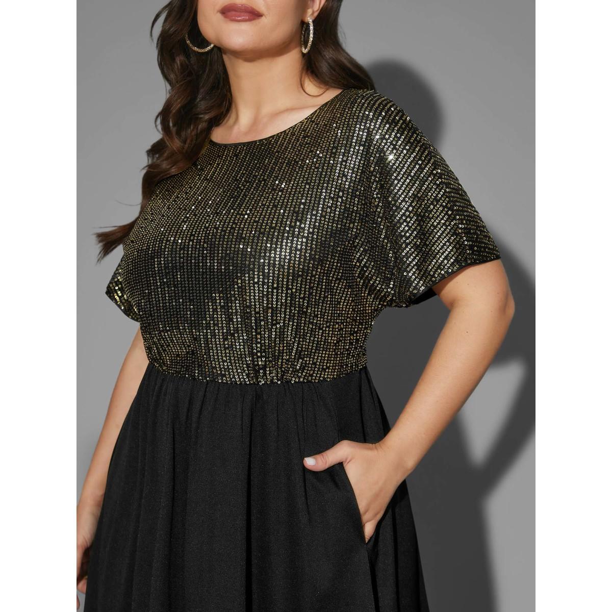 Plus Size Sequin Patchwork Dolman Sleeve Dress Black Women Cocktail Texture Party Curvy Bloomchic 26/4X Product Image