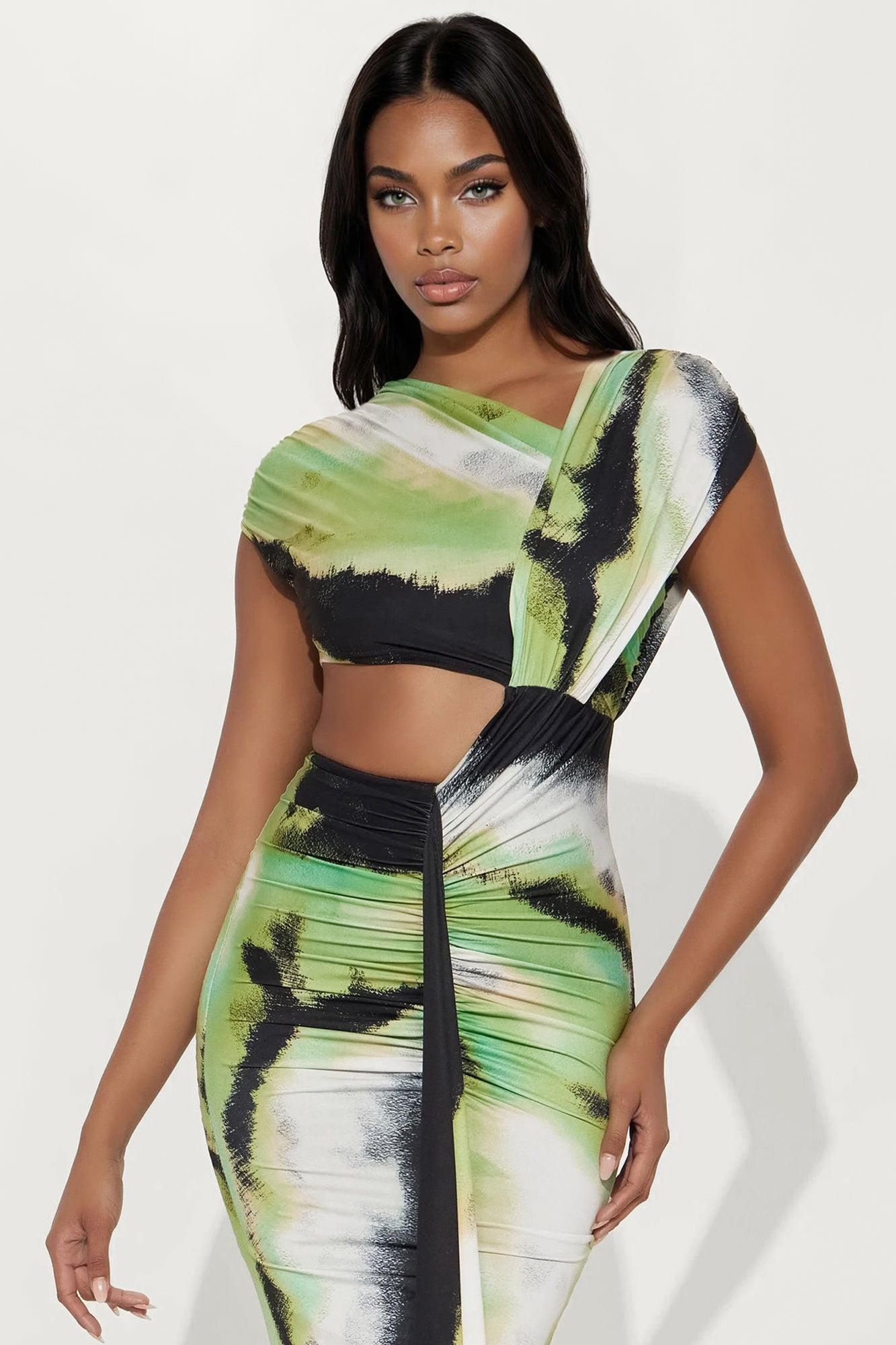 Aria Printed Cut Out Maxi Dress - Green/combo Female Product Image