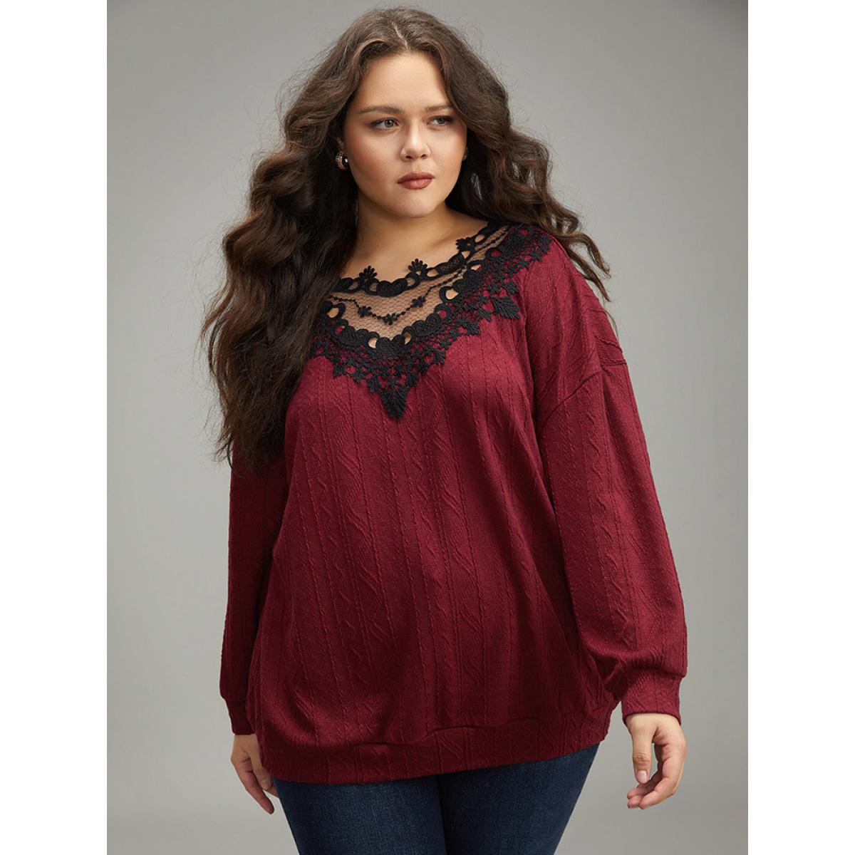 Plus Size Plain Textured Patchwork Lace Panel Sweatshirt Women Scarlet Elegant Elastic cuffs Round Neck Everyday Sweatshirts BloomChic 18-20/2X Product Image