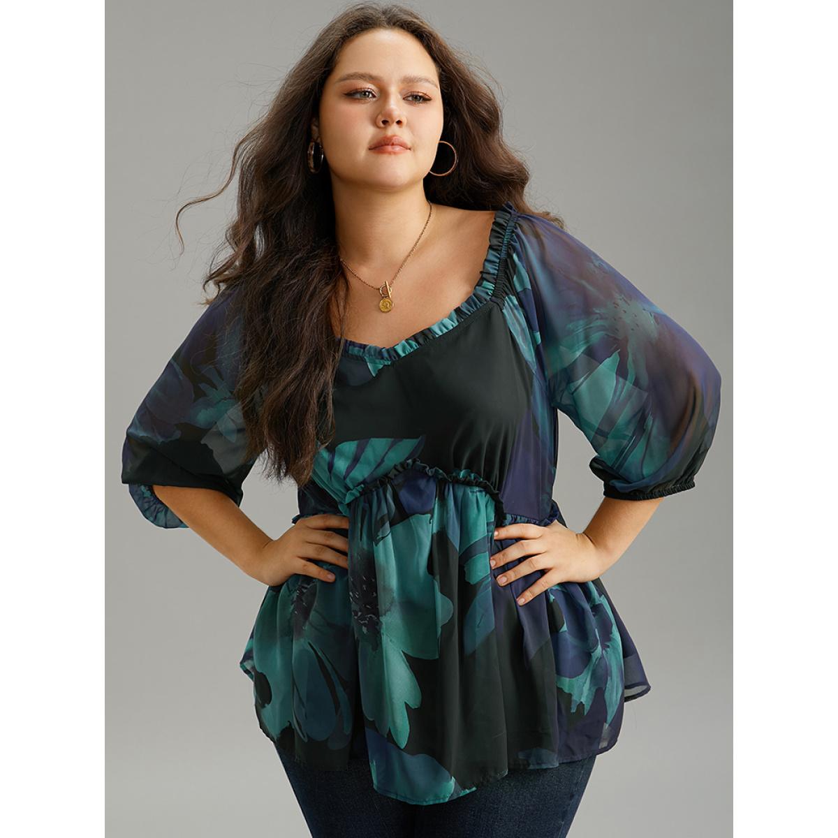 Plus Size Cyan Square Neck Floral Frill Trim Mesh Ruffles Blouse Women Elegant Elbow-length sleeve Square Neck Dailywear Blouses BloomChic 14-16/1X Product Image