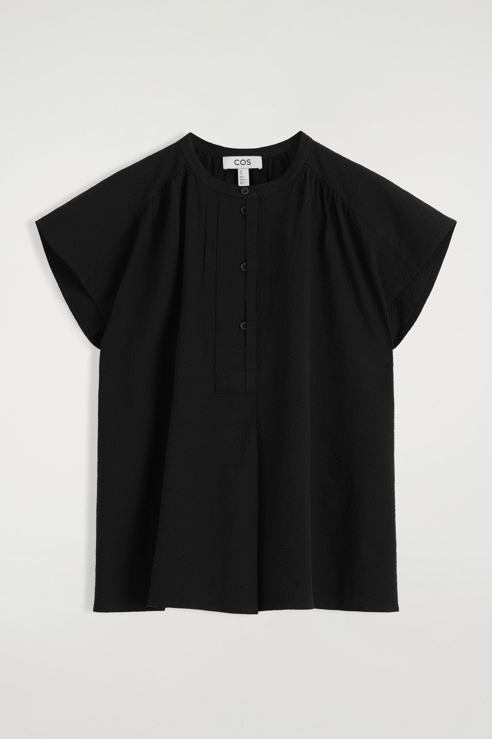 GATHERED GRANDAD-COLLAR BLOUSE Product Image