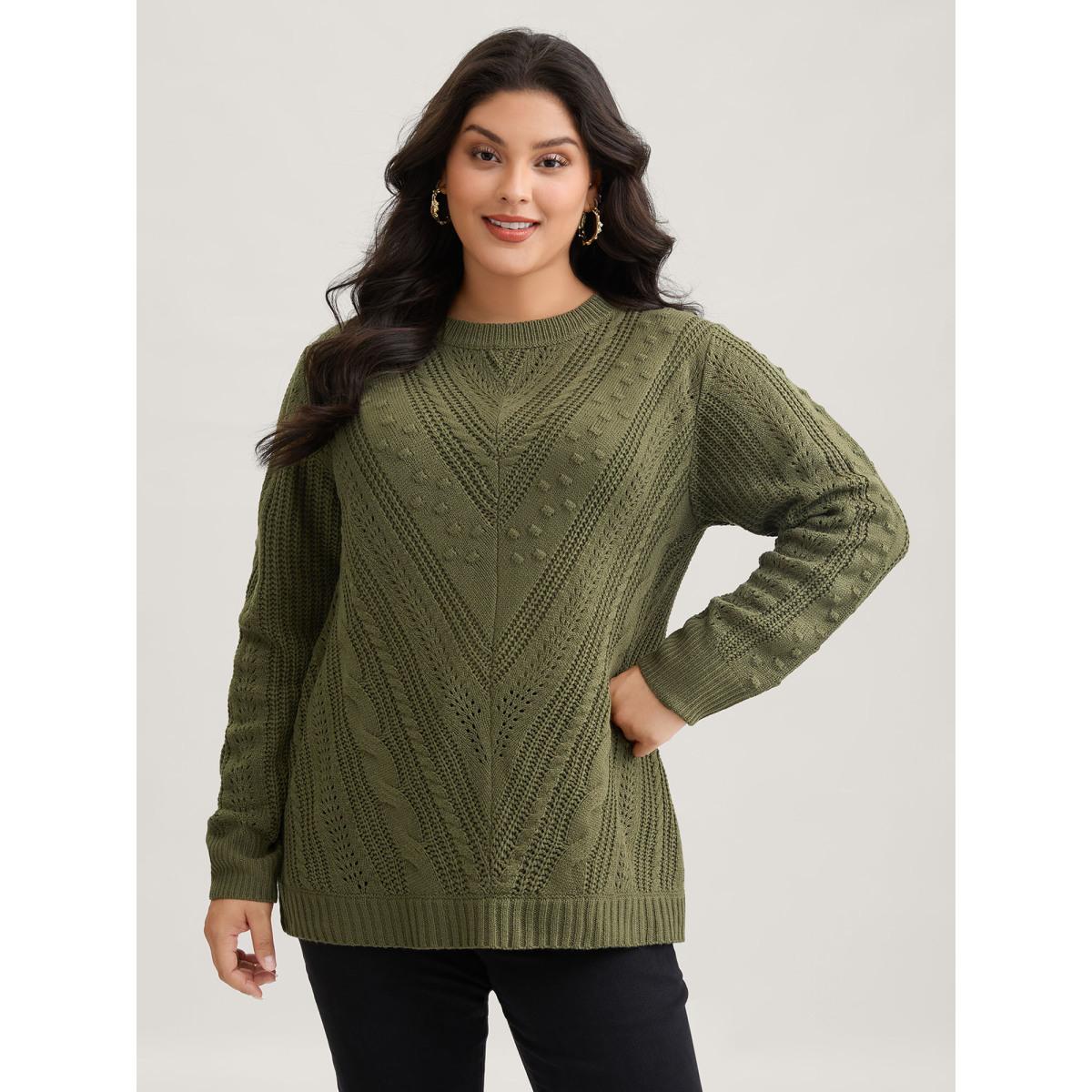 Plus Size Solid Round Neck Cable Knit Pullover ArmyGreen Women Leisure Long Sleeve Round Neck Casual Pullovers BloomChic 26/4X Product Image