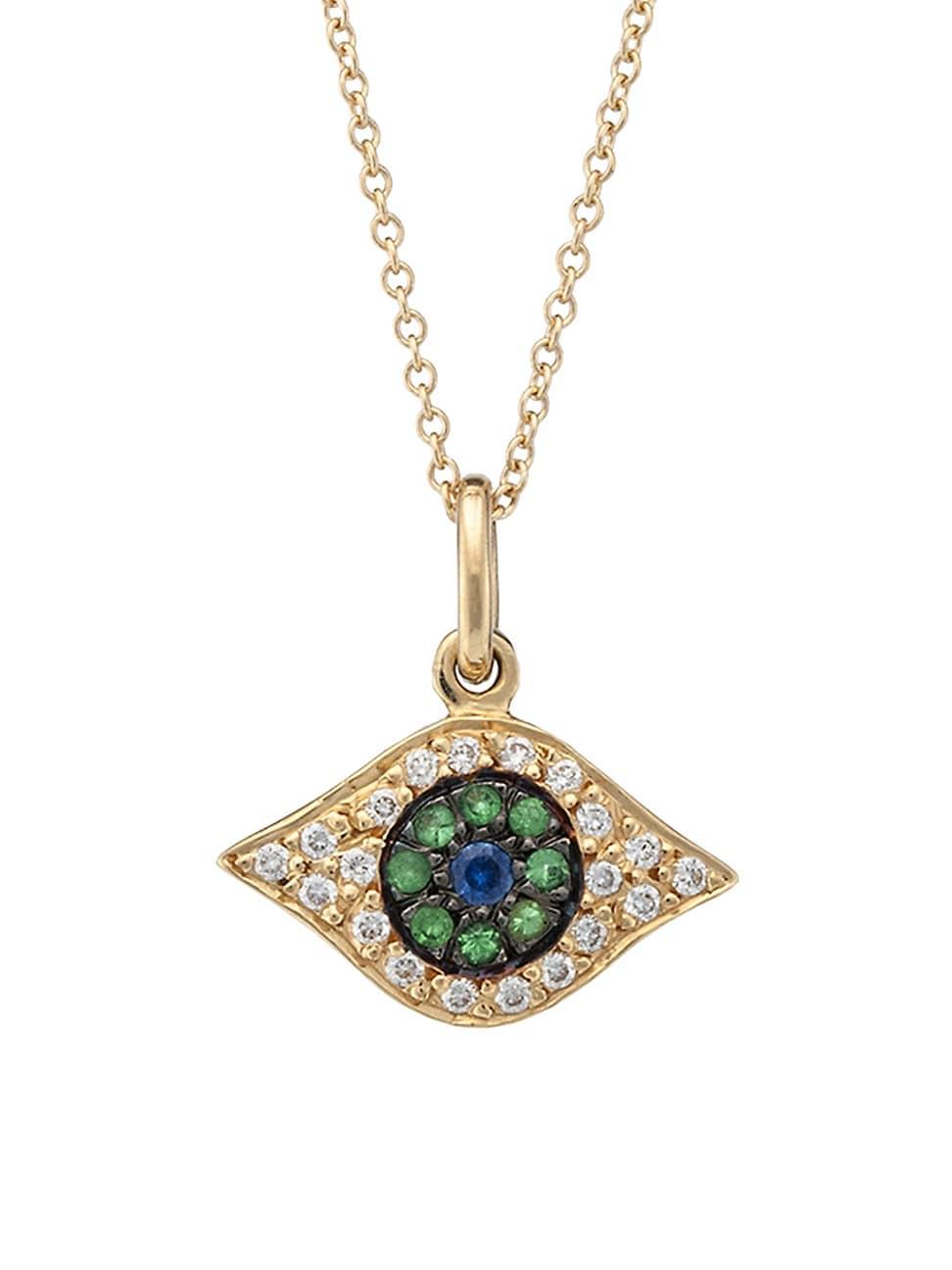 Womens Evil Eye 18K Yellow Gold, Diamond & Tsavorite Kitten Eye Pendant Necklace Product Image