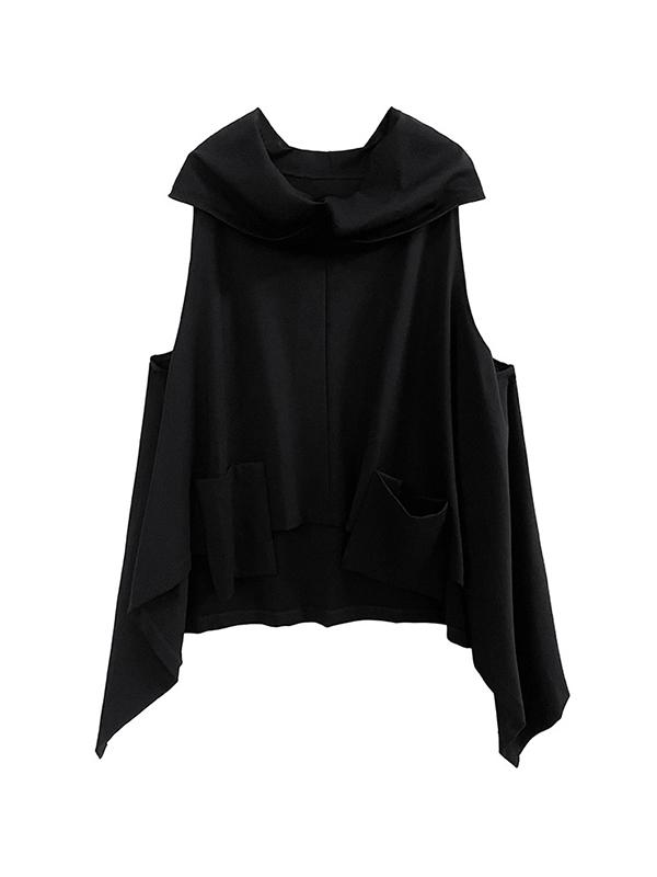 High-Low Irregular Clipping Hooded Solid Color Heaps Collar Vest Top Product Image