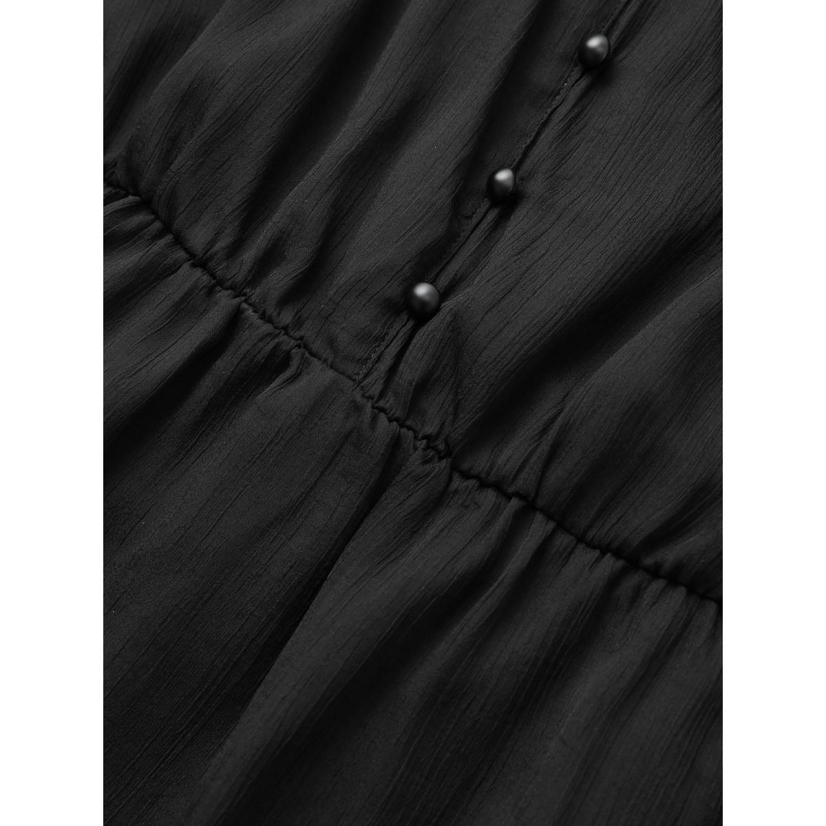 Plus Size Solid Mesh Belted Ruffle Cap Sleeve Dress Black Women At the Office Non Round Neck Cap Sleeve Curvy Midi Dress BloomChic 26/4X Product Image