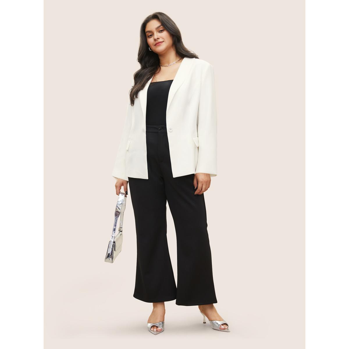 Plus Size Plain Suit Collar Pocket Blazer White Women Work Plain Non Sleeve Long Sleeve Suit Collar 22-24/3X Open pocket with flap Workwear Essentials Blazers BloomChic Product Image
