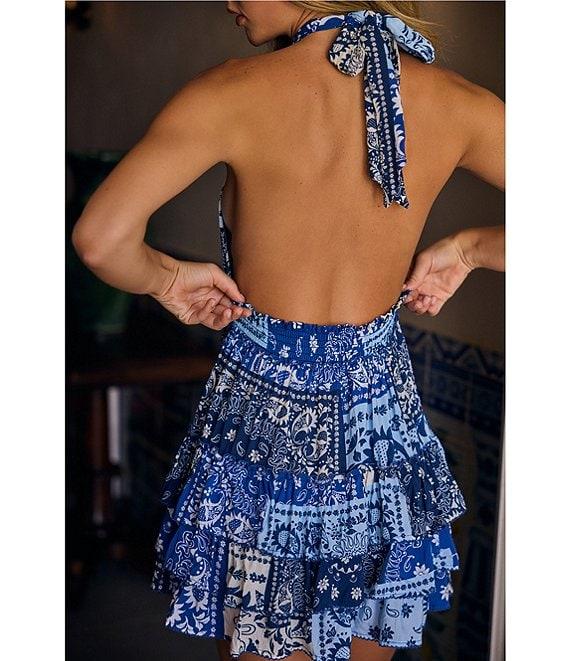 Agua Bendita Maona Scarf Print Criss-Cross Halter Neck Sleeveless Tiered Mini Dress Product Image