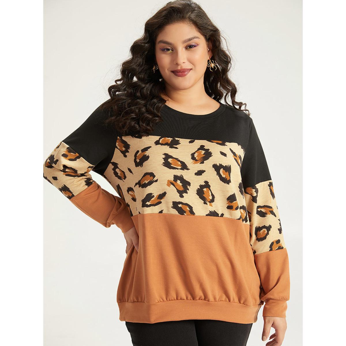 Plus Size Halloween Leopard Patchwork Contrast Sweatshirt Women Multicolor Casual Contrast Round Neck Festival-Halloween Sweatshirts BloomChic 12/L Product Image