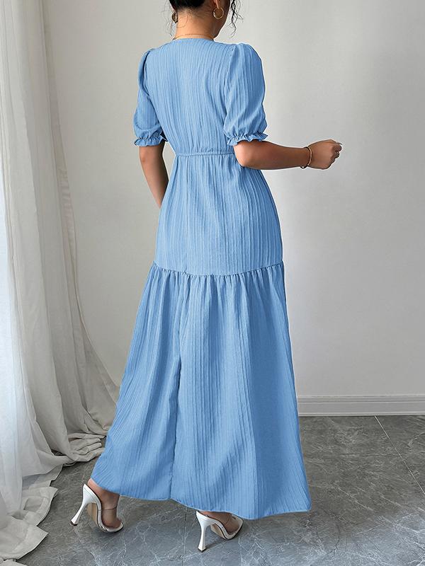 Half Sleeves High Waisted Pleated Solid Color Split-Front V-Neck Maxi Dresses Product Image