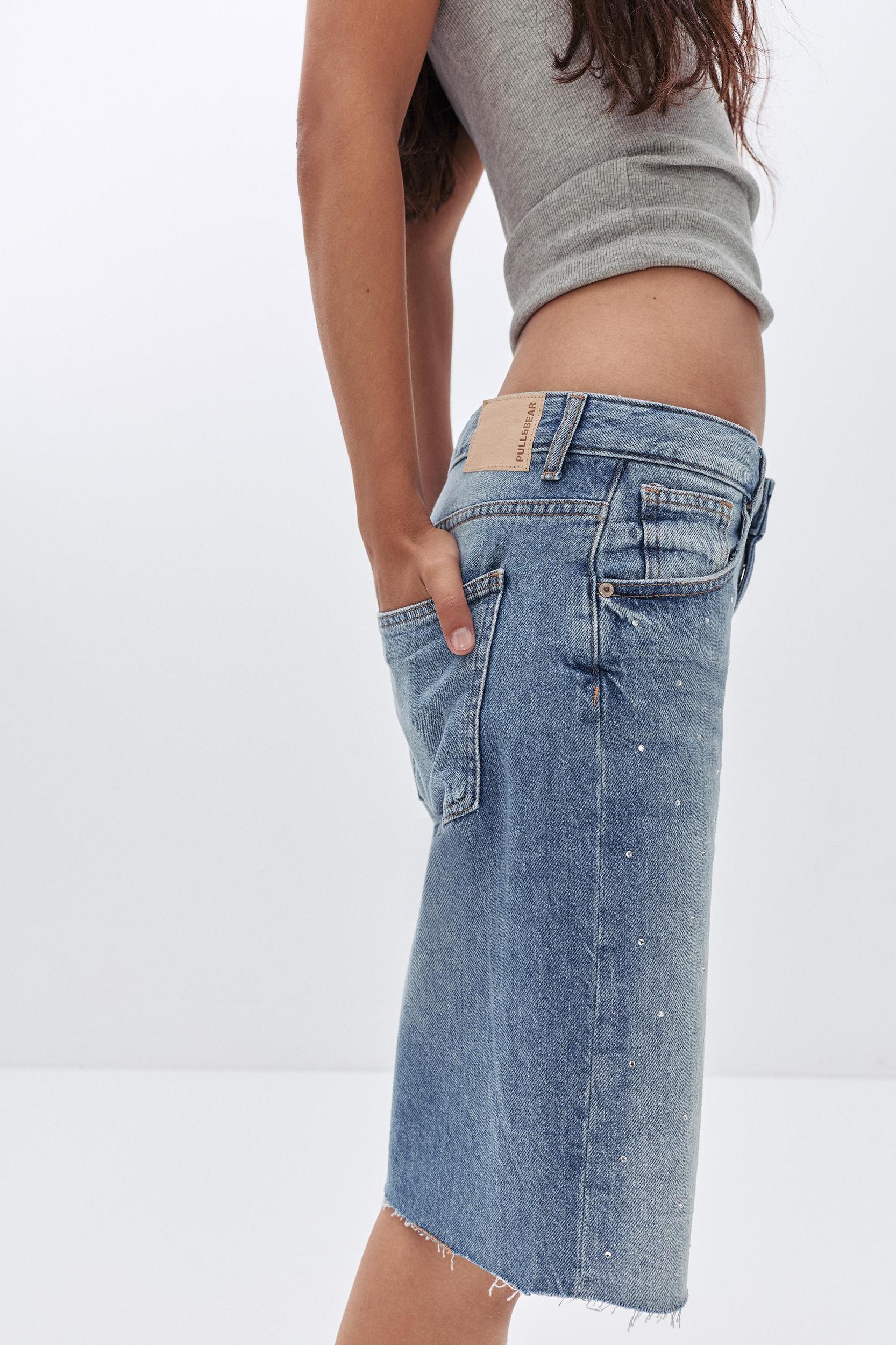 Denim Bermuda shorts with rhinestones Product Image