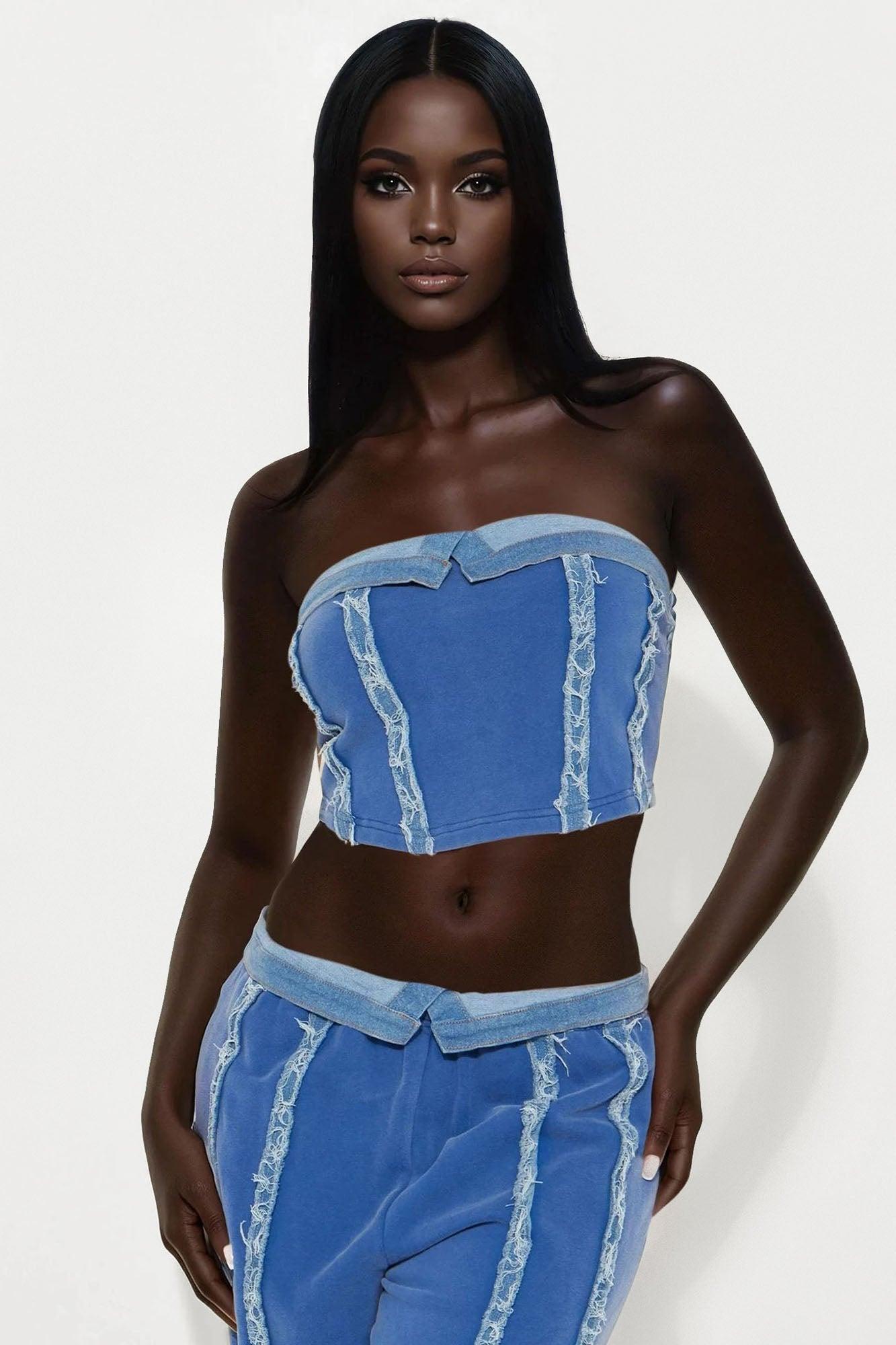 Aida Knit Denim Pant Set - Blue Female Product Image