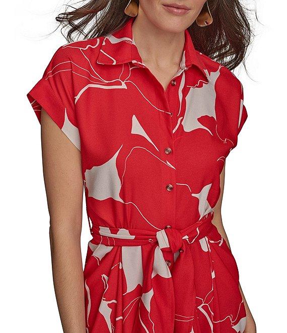 Donna Karan Floral Print Short Sleeve Crepe Shirt Dress Product Image