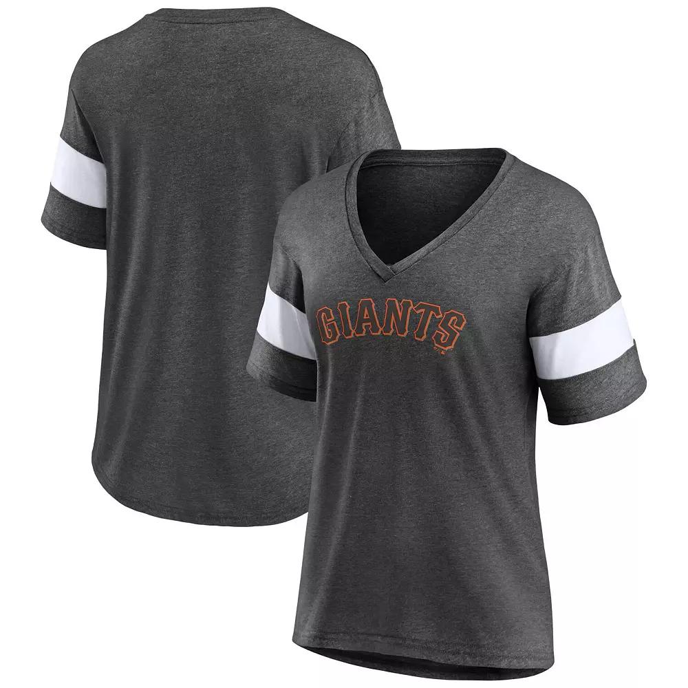 Women's Fanatics Branded Heathered Charcoal San Francisco Giants Wordmark V-Neck Tri-Blend T-Shirt,  Product Image