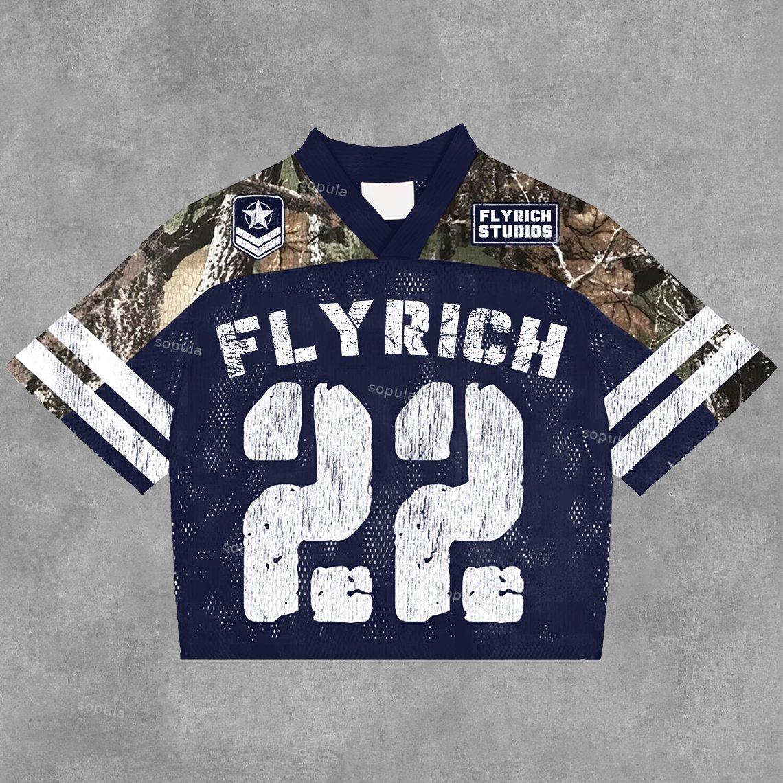 Sopula Vintage Fly Rich No.22 Graphics Blokecore Blokette Football V-Neck T-Shirt Product Image