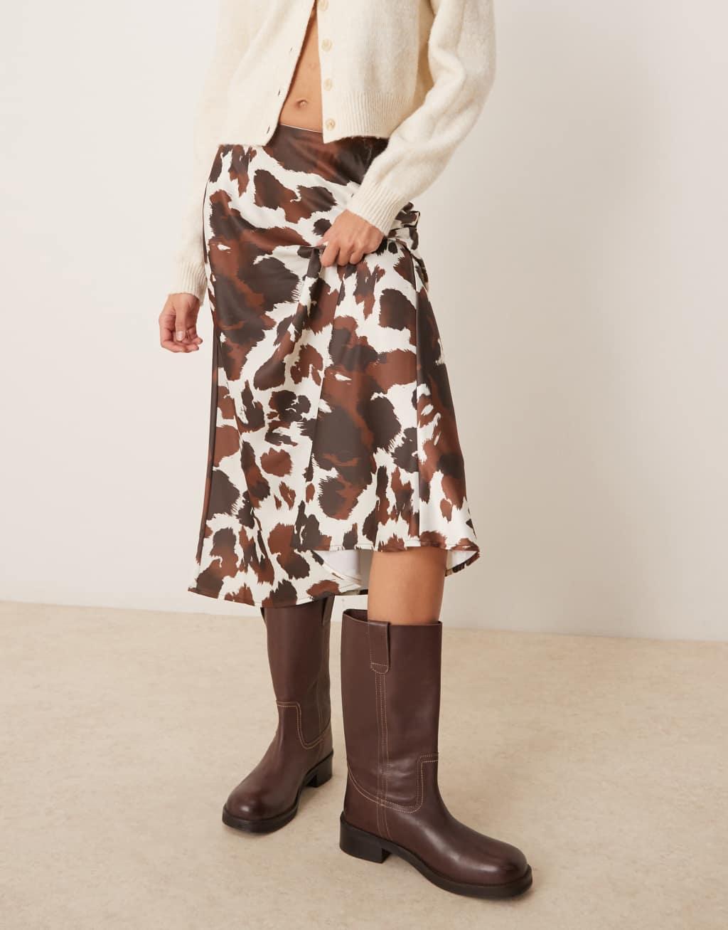 YAS satin midi skirt in brown cow print Product Image