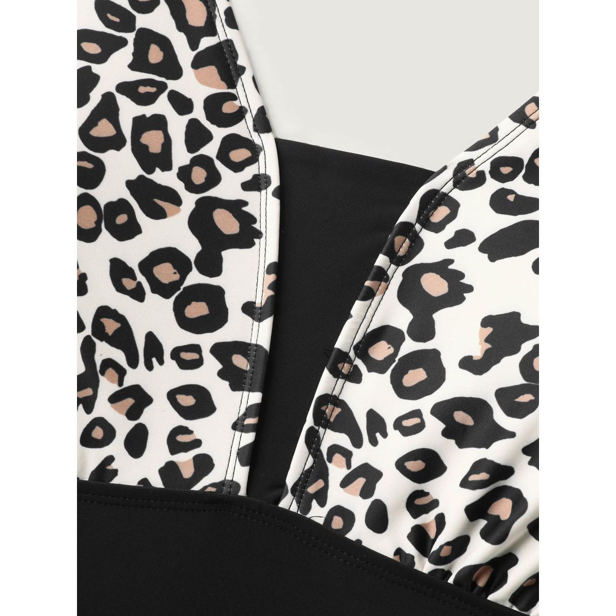 Plus Size Leopard Sheer Ruched Drawstring Swim Dress Women's Swimwear Leopard Beach Skinny Heart neckline High stretch Curve Swim Dresses BloomChic 18-20/2X Product Image