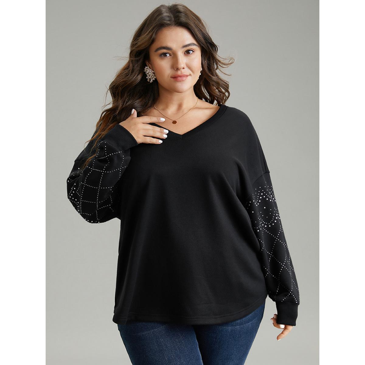 Plus Size Rhinestone Plain Drop Shoulder Sweatshirt Women Black Elegant Rib Knit V-neck Dailywear Sweatshirts BloomChic 18-20/2X Product Image