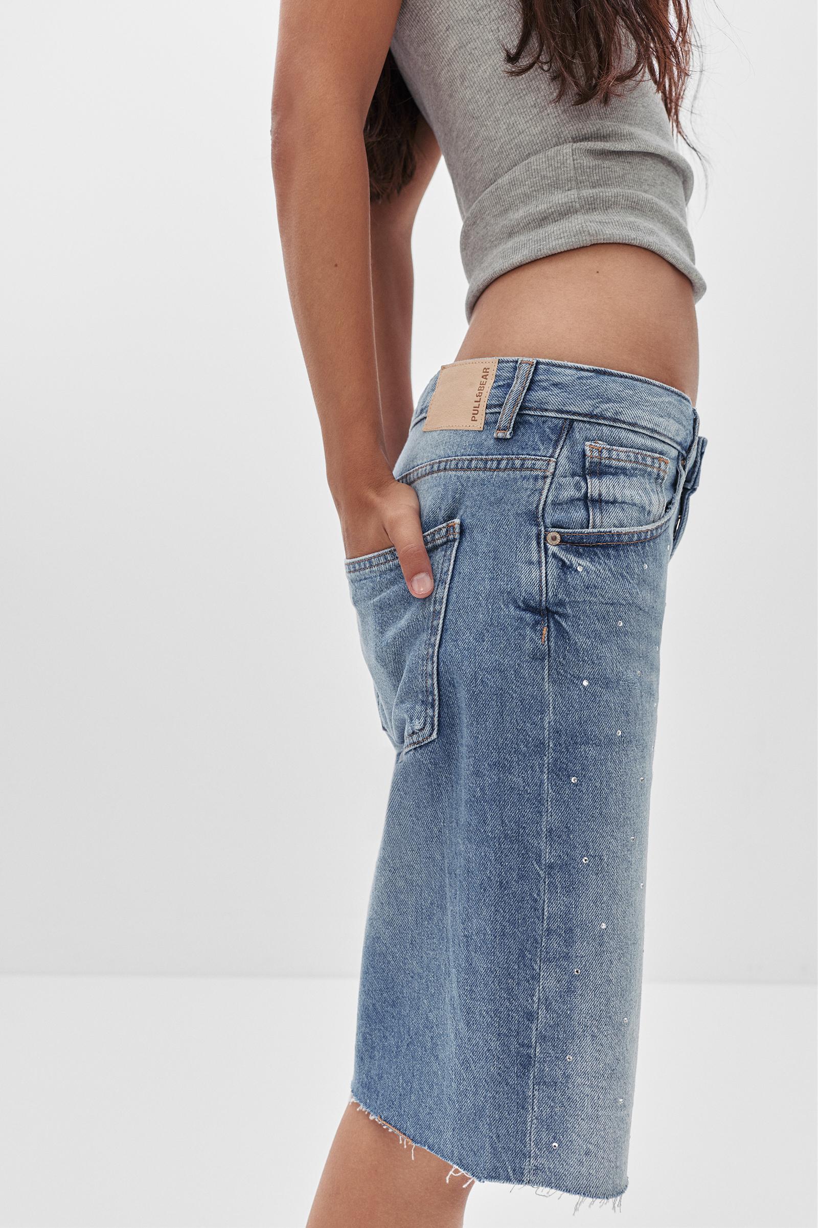 Denim Bermuda shorts with rhinestones Product Image