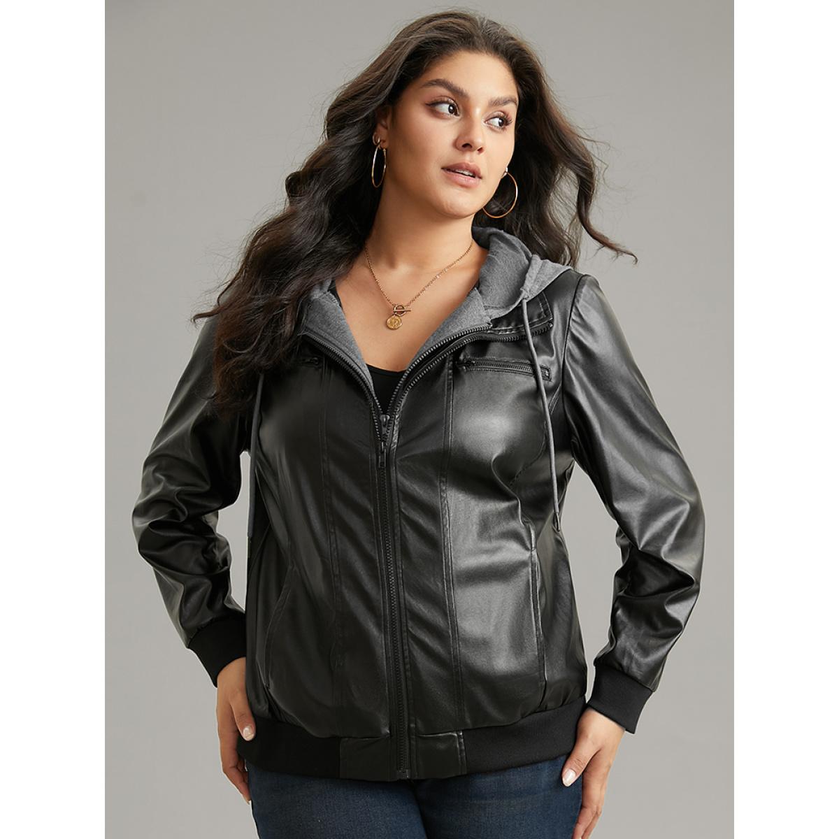 Plus Size PU Leather Patchwork Hooded Drawstring Rib Knit Jacket Women Black Rib Knit Pocket Dailywear Jackets BloomChic 10/M Product Image