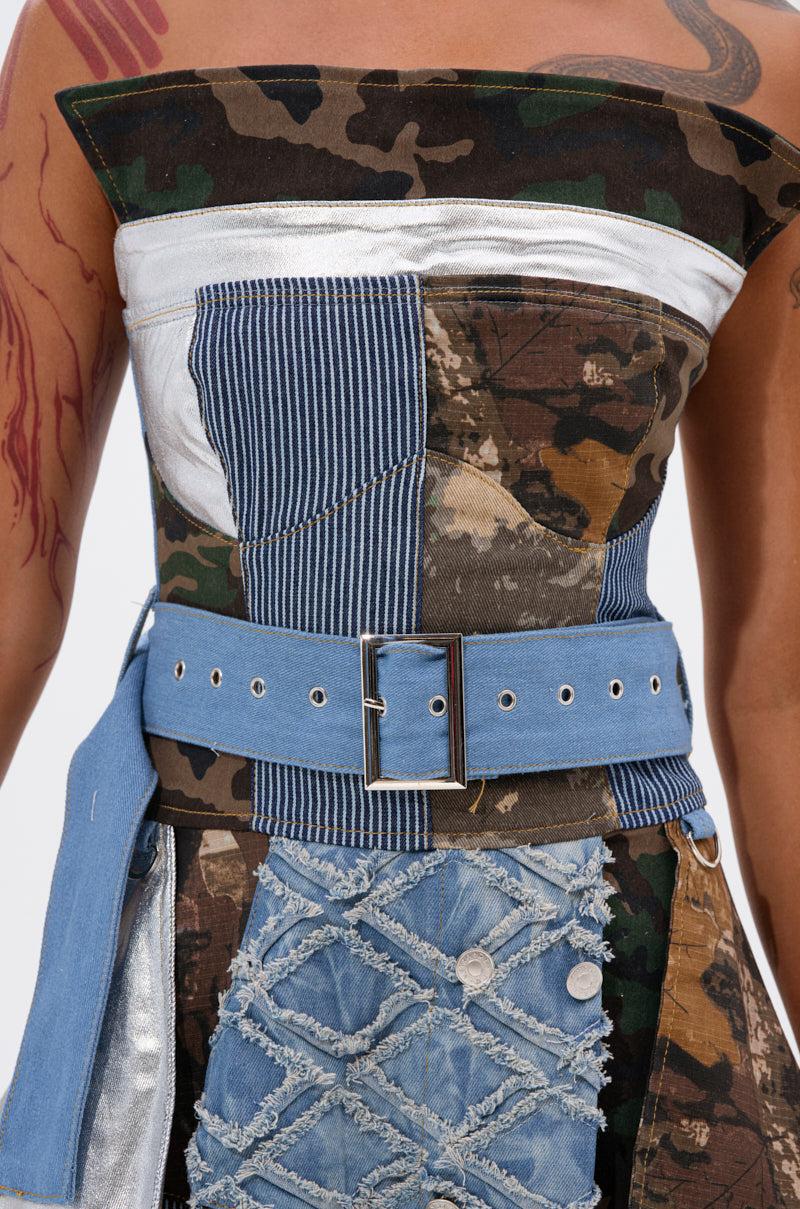 STRAPLESS TRENCH MAXI DRESS WITH PATCHWORK DETAIL Product Image