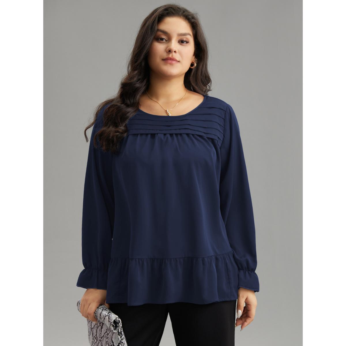 Plus Size Indigo Static-Free Plain Pleated Ruffles Lantern Sleeve Blouse Women Office Long Sleeve Round Neck Work Blouses BloomChic 12/L Product Image