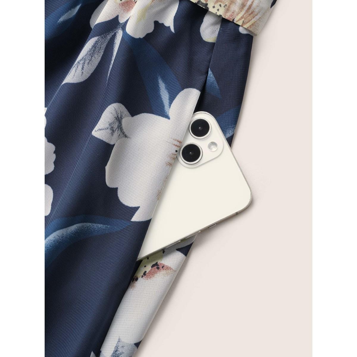 Plus Size Floral Patchwork Halter Ties High Low Hem Dress Indigo Women Elegant Non Halter neck Sleeveless Curvy Midi Dress BloomChic 10/M Product Image