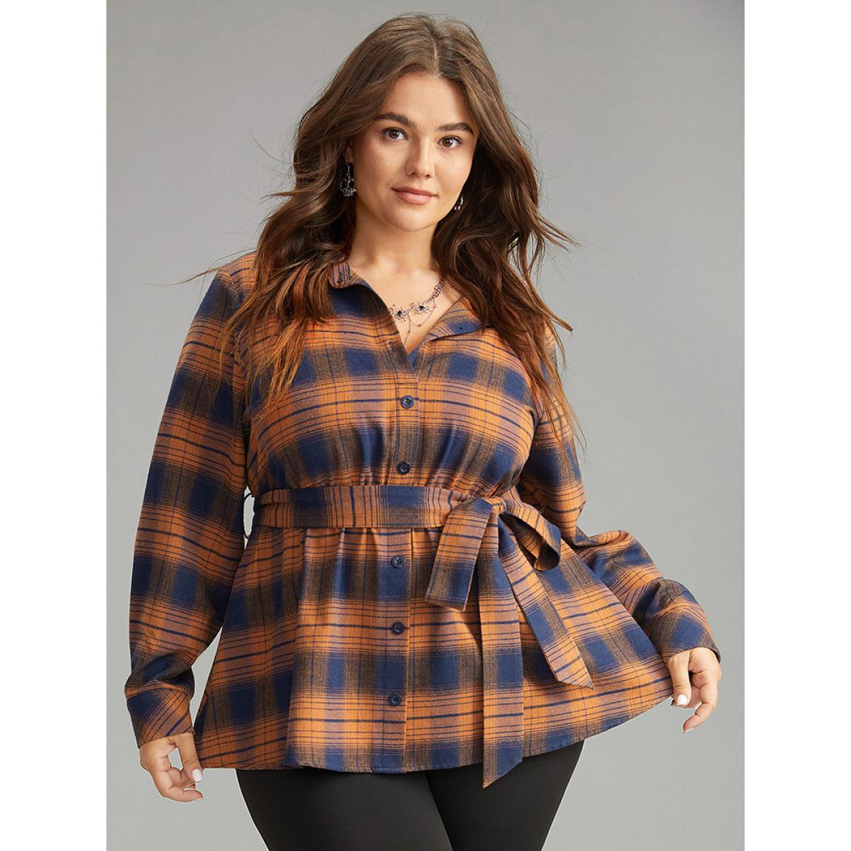 Plus Size Chocolate Plaid Elastic Waist Shirt Collar Blouse Women Elegant Long Sleeve Shirt collar Dailywear Blouses BloomChic 10/M Product Image