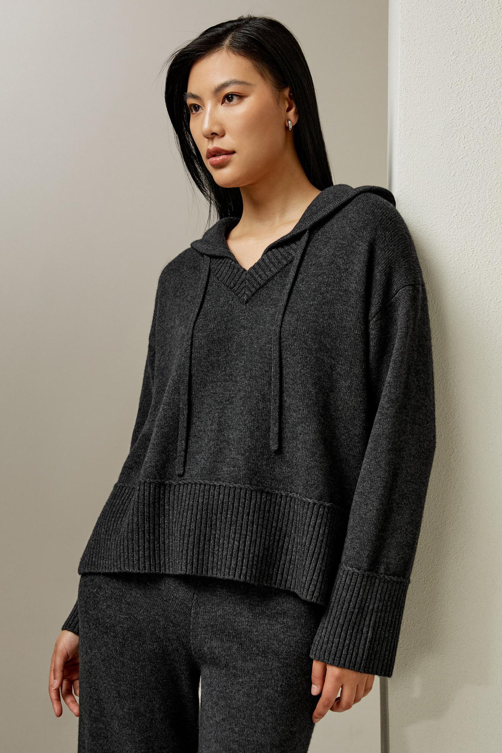 V Neck Wool-Cashmere Blend Hoodie Product Image