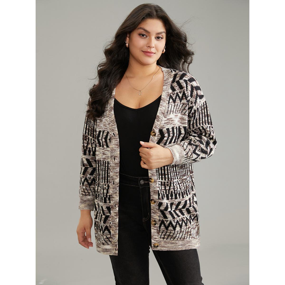 Plus Size Geometric Heather Button Up Elastic Cuffs Cardigan DarkBrown Women Casual Loose Long Sleeve Dailywear Cardigans BloomChic 22-24/3X Product Image