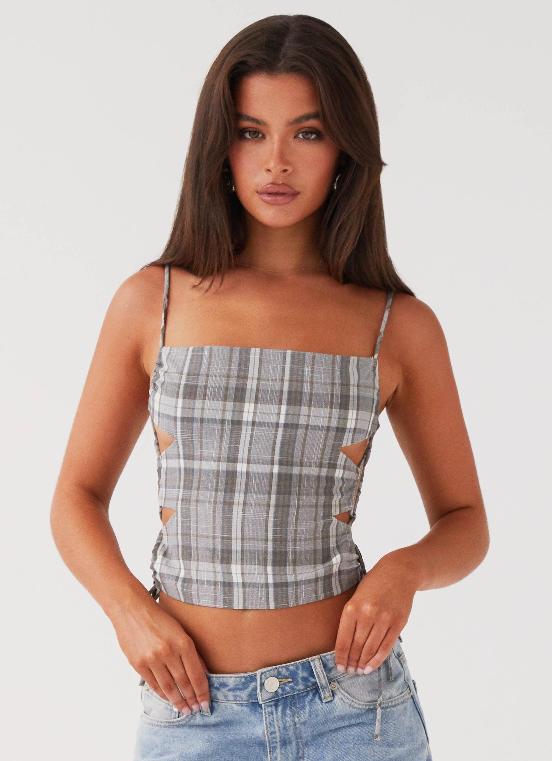 Trista Tie Top - Grey Tartan Product Image