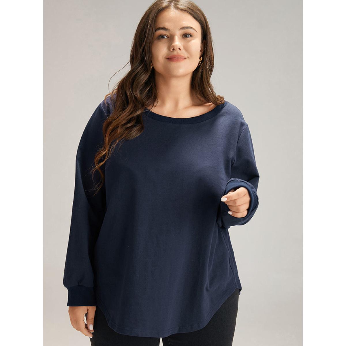 Plus Size Cotton Curved Hem Elastic Cuffs Sweatshirt Women Indigo Casual Elastic cuffs Round Neck Dailywear Sweatshirts BloomChic 22-24/3X Product Image