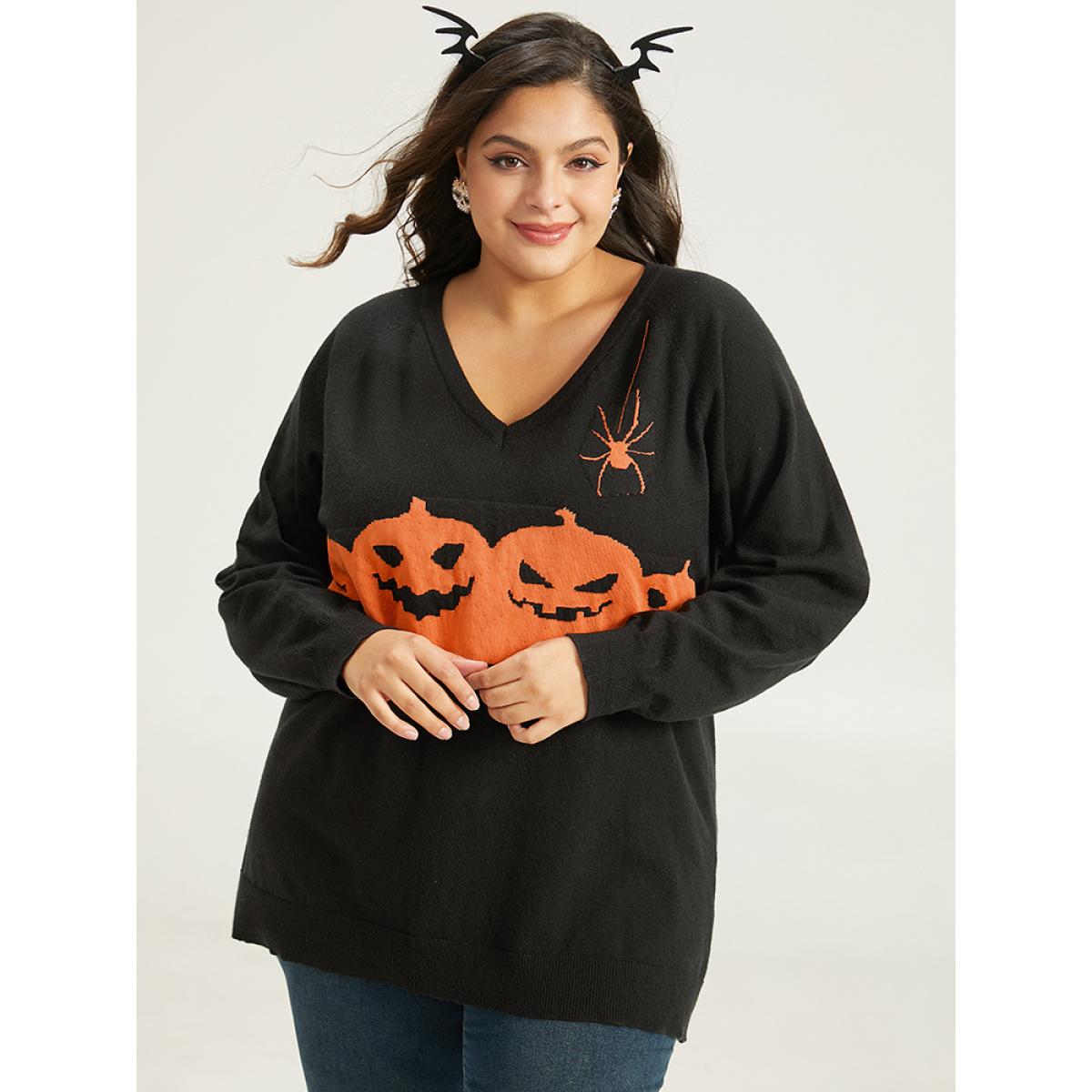 Plus Size Halloween Graphic Pumpkin V Neck Pullover Black Women Casual Loose Long Sleeve V-neck Dailywear Pullovers BloomChic 14-16/1X Product Image