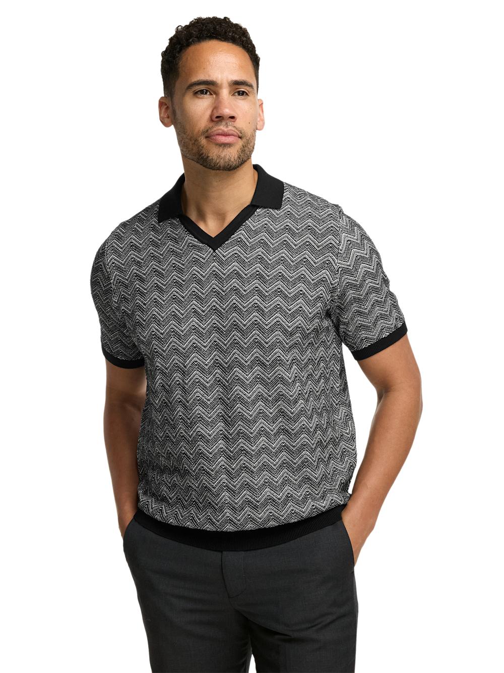 Cotton V-neck Polo - Black Product Image