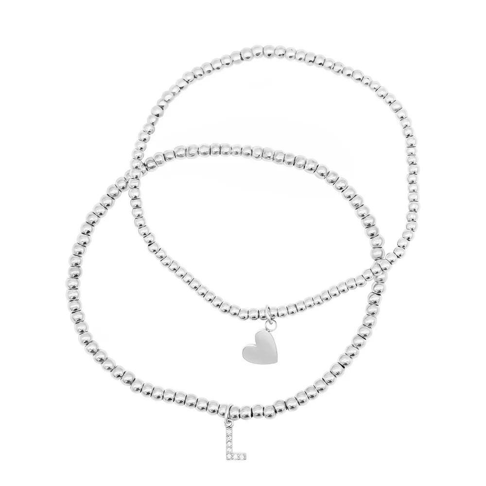 Adornia Silver Tone Mini Cubic Zirconia Initial Stretch Bracelet Set, Women's, Size: 7", Silver Tone F Product Image