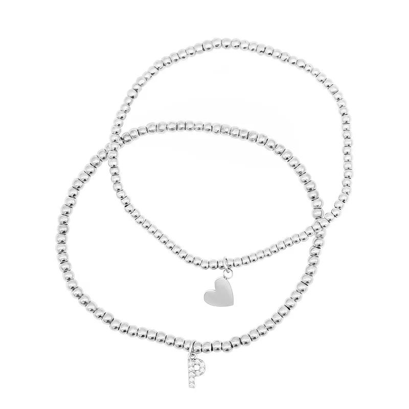 Adornia Silver Tone Mini Cubic Zirconia Initial Stretch Bracelet Set, Women's, Size: 7", Silver Tone T Product Image