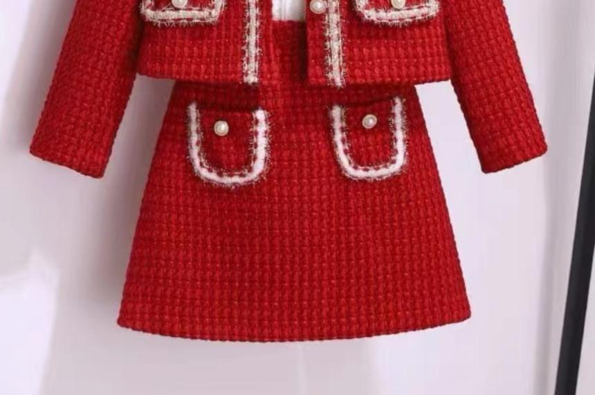 Puff-Sleeve High Neck Blouse / Tweed Faux Pearl Button-Up Jacket / High Waist Mini A-Line Skirt / Set Product Image