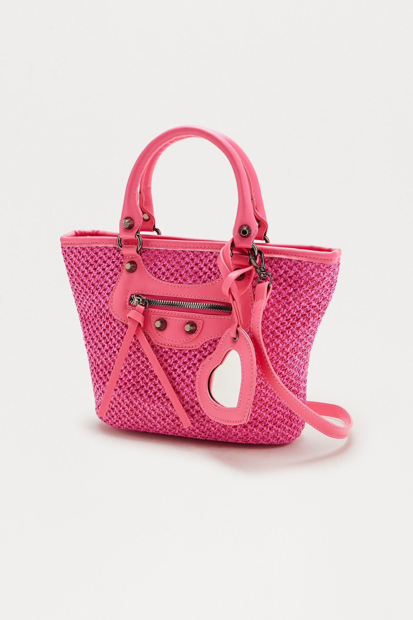 Sandy Heart Satchel Straw Handbag - Pink Product Image