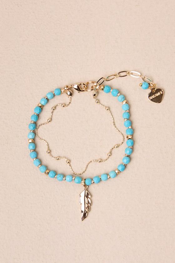 Boho Cutie Gold and Turquoise Beaded Feather Layered Bracelet Product Image