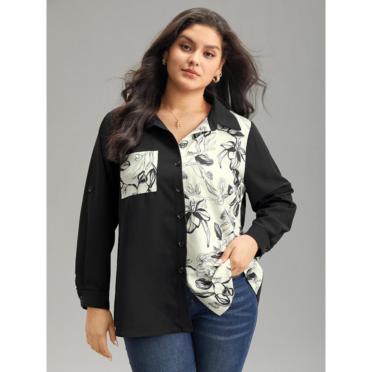 Plus Size Black Silhouette Floral Print Twill Shirt Collar Contrast Blouse Women Office Long Sleeve Shirt collar Work Blouses BloomChic 12/L Product Image