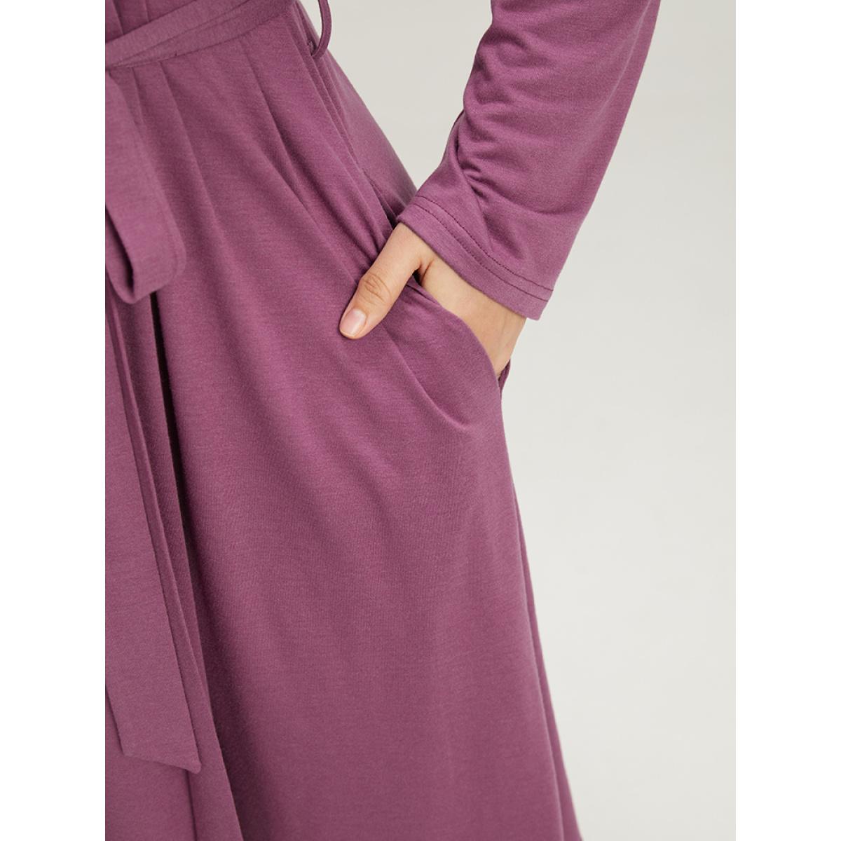 Plus Size Solid Notched Pocket Pleated Belted Dress Purple Women Casual Plain Notched collar Long Sleeve Curvy Midi Dress BloomChic 22-24/3X Product Image