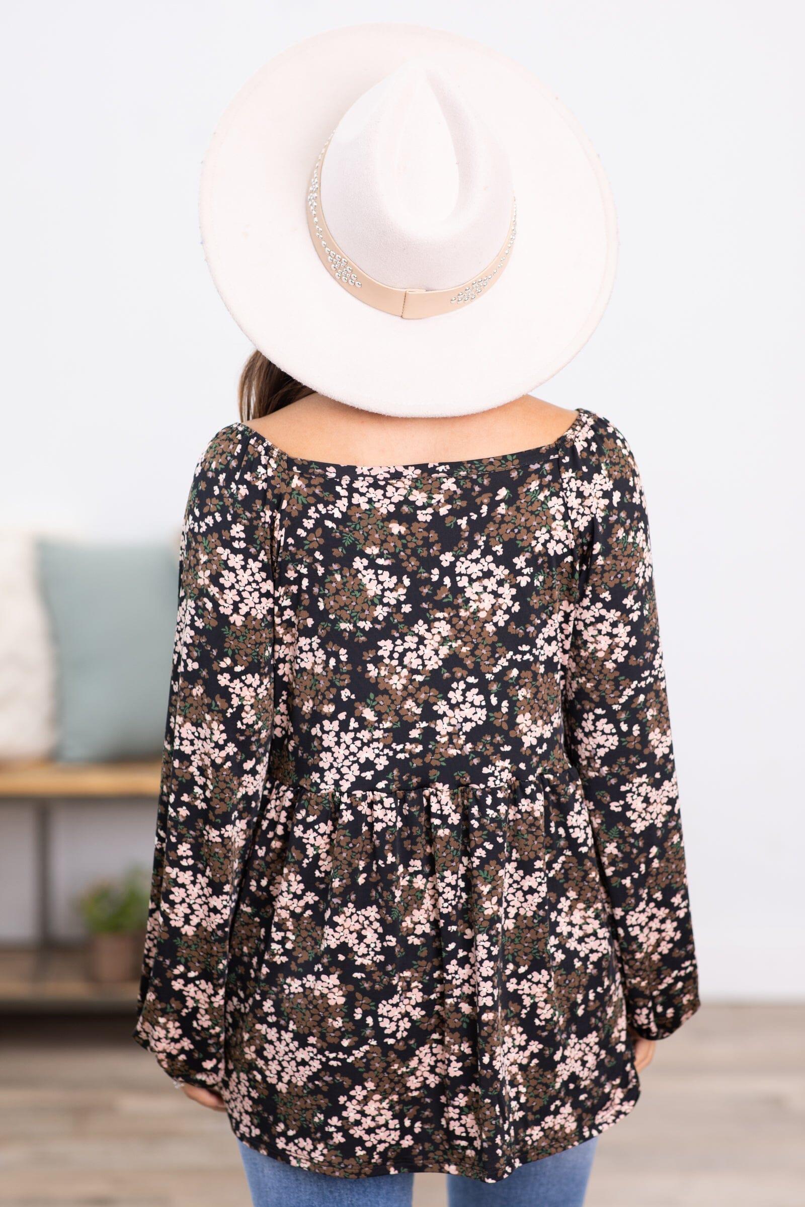 Black and Brown Ditsy Floral Babydoll Top Product Image