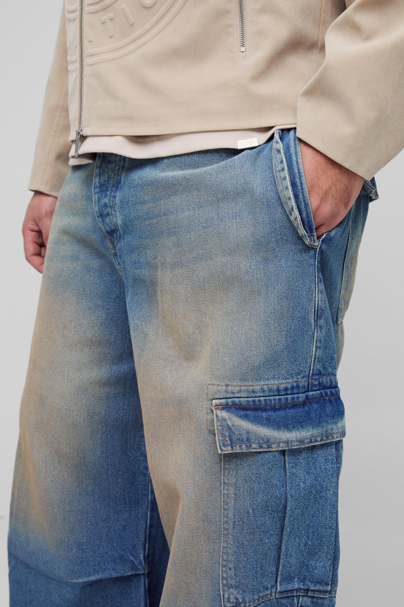 Plus Pleat Knee Baggy Cargo Jeans | boohooMAN USA Product Image