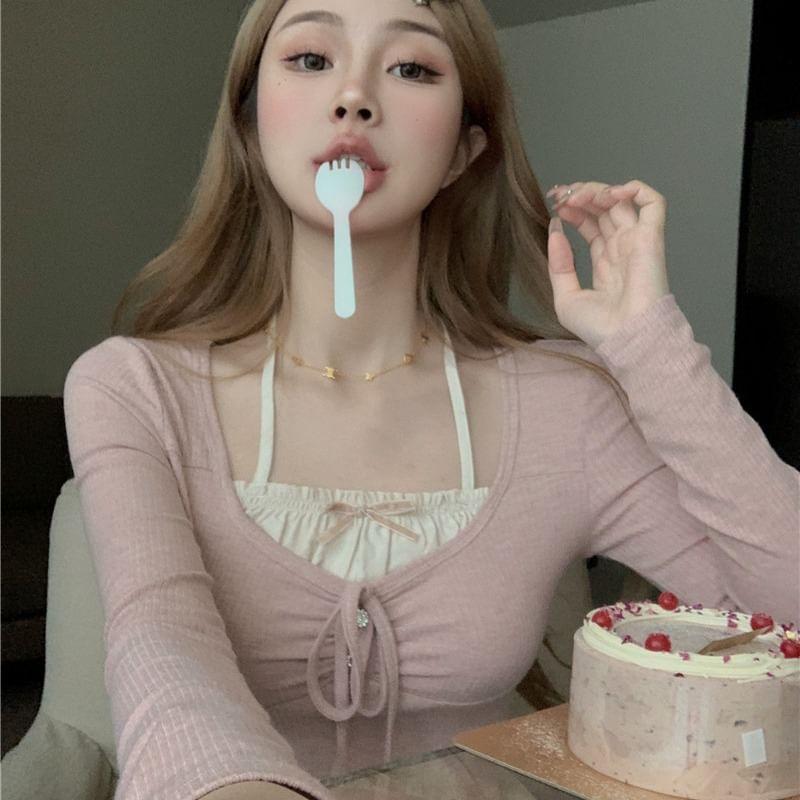 Balletcore Long-Sleeve Halter Bow Frill Mock Two Piece T-Shirt / High Waist Plain Tiered Mini A-Line Skirt Product Image