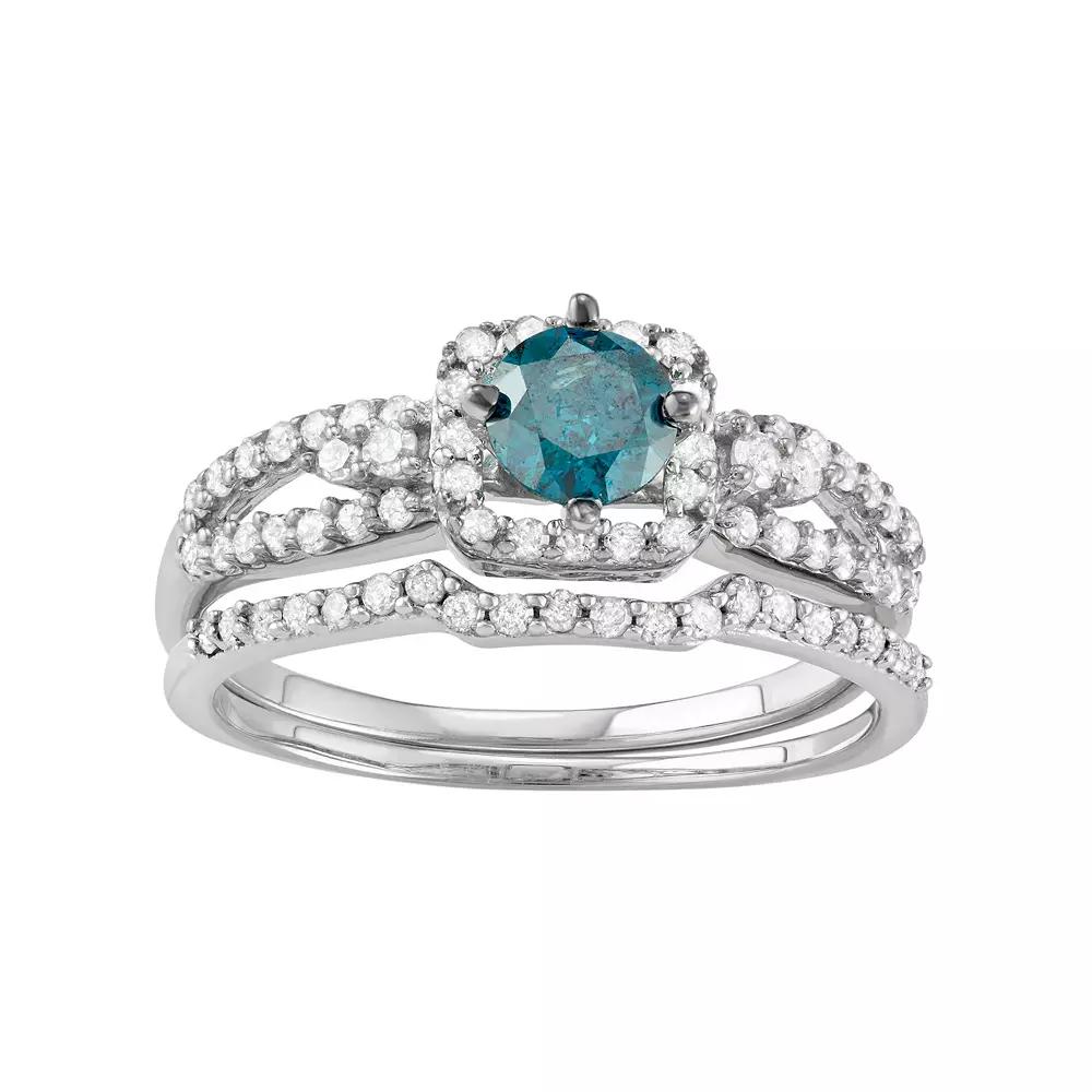 HDI 10k White Gold 1 Carat T.W. Blue & White Diamond Engagement Ring Set, Women's,  Product Image