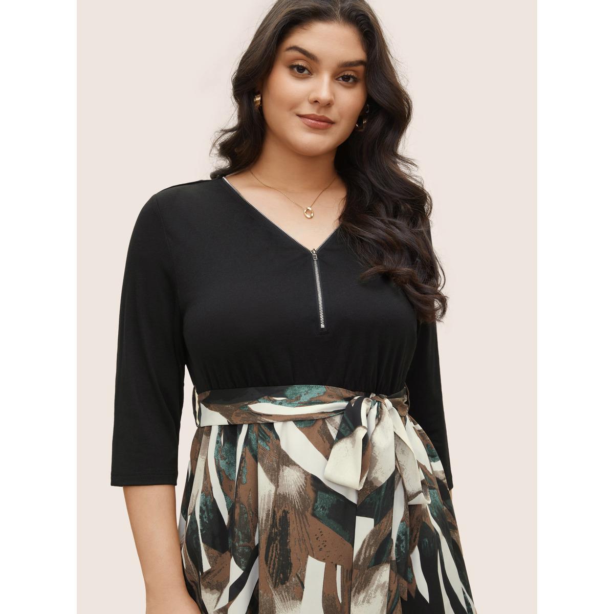 Plus Size Colorblock Contrast Half Zip Belted Dress Black Women At the Office Non V-neck Elbow-length sleeve Curvy Midi Dress BloomChic 22-24/3X Product Image